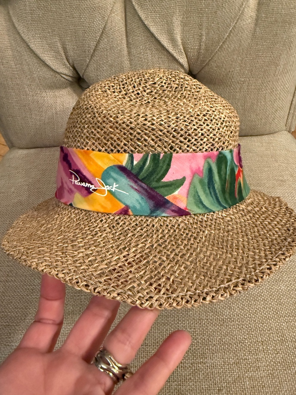 VTG 80s Panama Jack Natural Straw Hat with Multicolor Bow Accent